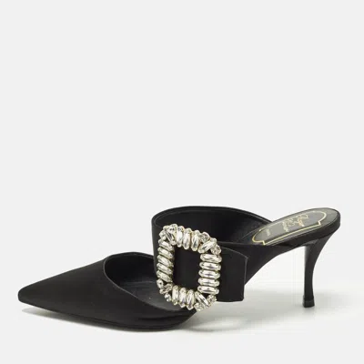 Pre-owned Roger Vivier Size 36 Black Satin Buckle Crystal Embellished Mules