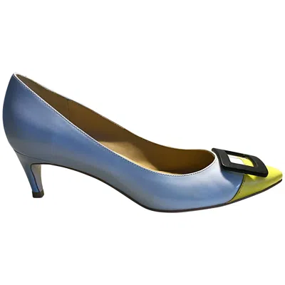 Pre-owned Roger Vivier Size 37 / 7 Pale Blue And Yellow Low Heel Buckle Shoes / Pumps