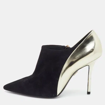Pre-owned Roger Vivier Size 37.5 Black/gold Leather And Suede Pointed Toe Booties