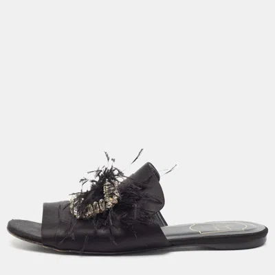 Pre-owned Roger Vivier Size 39 Black Satin Crystal Embellished Flat Slides
