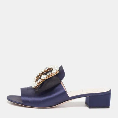 Pre-owned Roger Vivier Size 40 Navy Blue Satin Crystal Embellished Slide Sandals