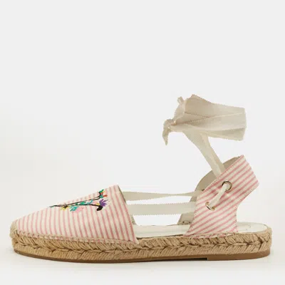 Pre-owned Roger Vivier Size 40 Pink/white Fabric Ankle Tie Espadrille Flats
