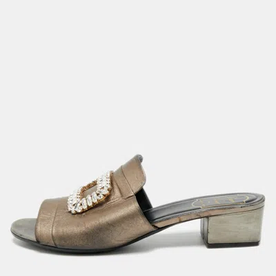 Pre-owned Roger Vivier Size 41 Metallic Bronze Leather Crystal Embellished Slide Sandals In Silver