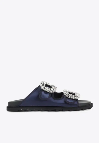 Roger Vivier Slidy Strass Bord Gros Satin Mules In Blue