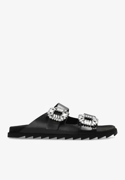 Roger Vivier Slidy Viv' Crystal Buckle Leather Slides In Black