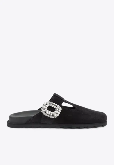 ROGER VIVIER SLIDY VIV' CRYSTAL BUCKLE MULES IN SUEDE