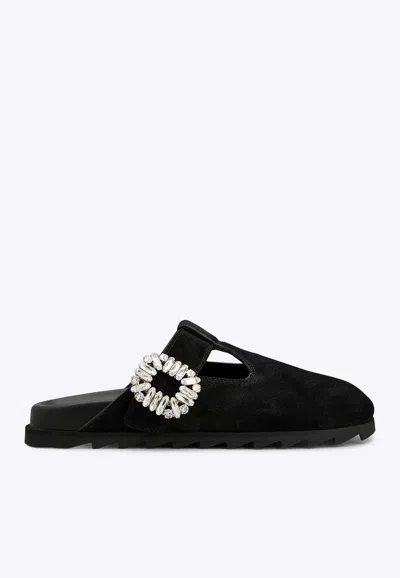 Roger Vivier Slidy Viv' Crystal Buckle Suede Mules In Black