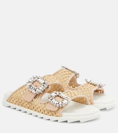 Roger Vivier Women Slidy Viv Raffia Sandals In Brown