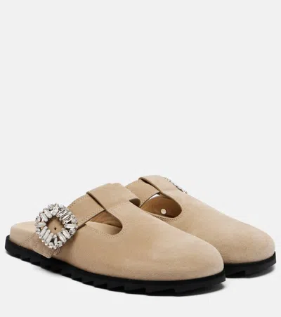Roger Vivier Slidy Viv' Embellished Suede Mules In Sand