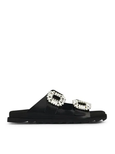 Roger Vivier Flat Black Sandals With Crystal Embellishments