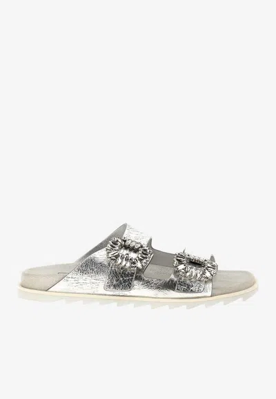 ROGER VIVIER SLIDY VIV' METALLIC LEATHER SLIDES