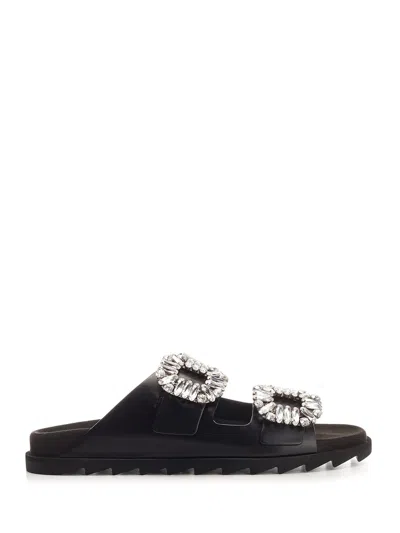 Roger Vivier Flat Black Sandals With Crystal Embellishments