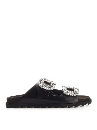 Roger Vivier Flat Sandals With Rhinestone Embellished Straps In Black