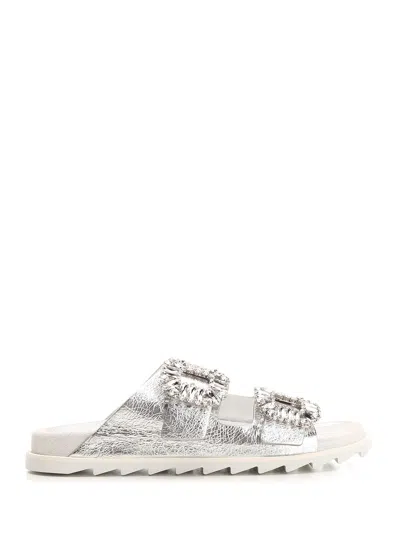 ROGER VIVIER SLIDY VIV SANDALS SILVER