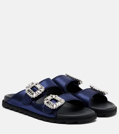 Roger Vivier Slidy Viv Crystal-embellished Grosgrain-trimmed Satin Slides In Blue