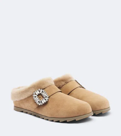 Roger Vivier Tobacco Suede Belle Vivier Buckle Mini Mules In Brown