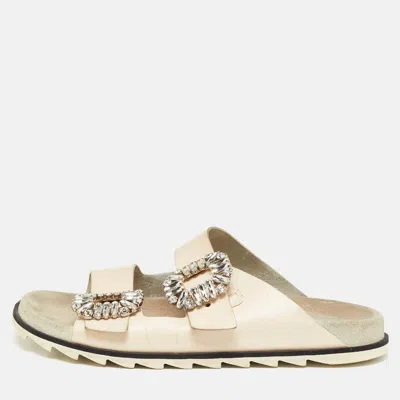 Pre-owned Roger Vivier Slidy Viv Size 39 Cream Leather Flat Slide In White