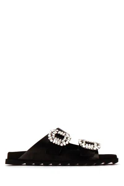 Roger Vivier Flat Black Sandals With Crystal Embellishments