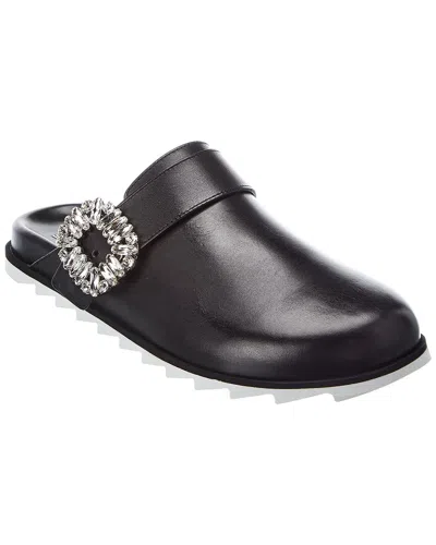 Roger Vivier Slidy Viv Strass Buckle Leather Mule In Black