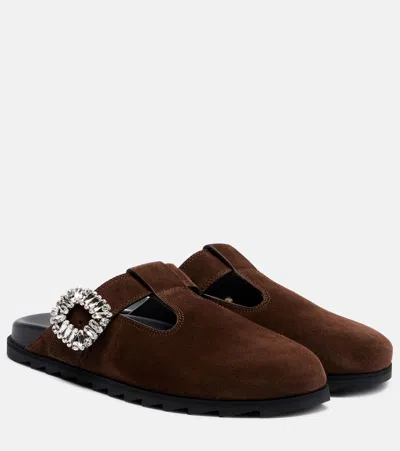 Roger Vivier Slidy Viv Crystal-embellished Suede Mules In Brown