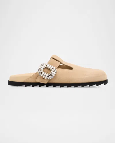 Roger Vivier Slidy Viv Suede T-strap Mules In Neutral