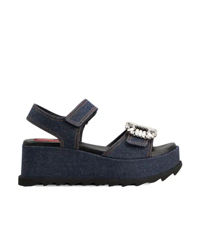 Roger Vivier Slidy Viv' Wedge Sandals In Denim