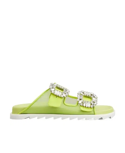 Roger Vivier Crystal-embellished Double-buckle Slides In Green
