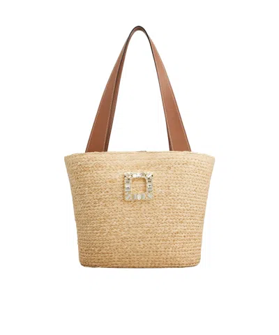 Roger Vivier Small Shopping Bag In Raffia In Brown