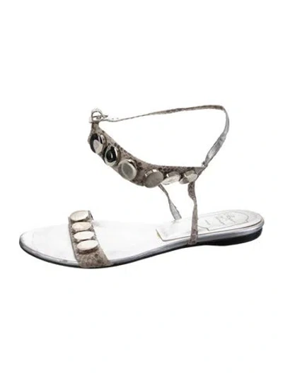 Pre-owned Roger Vivier Snakeskin Studded Accents Sandals In Silver