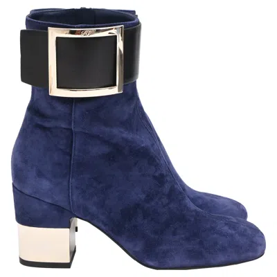 Pre-owned Roger Vivier So Vivier Buckled Ankle Boots In Navy Blue Suede