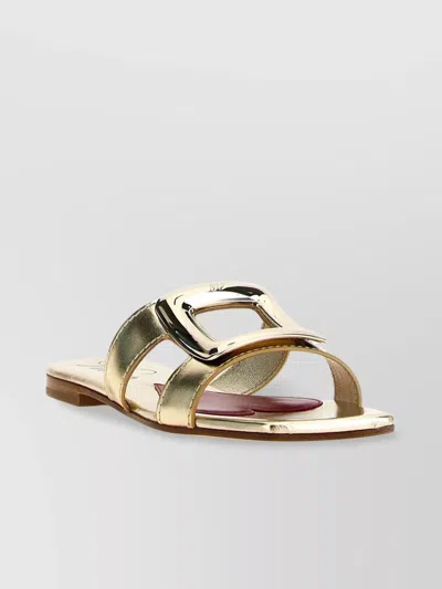 Roger Vivier Square Buckle Flat Sole Sandals In Gold