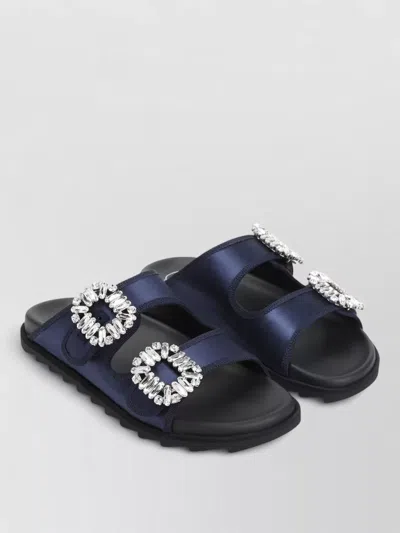 Roger Vivier Strass Buckle Double Strap Flat Mules In Blue