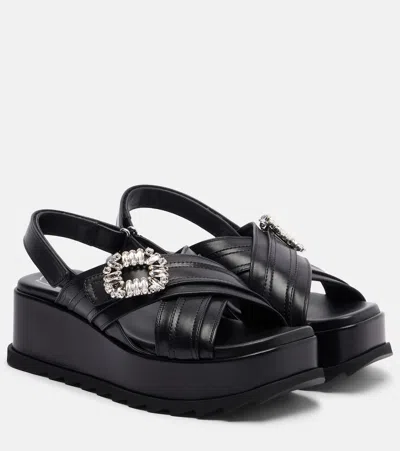 Roger Vivier Strass Buckle Leather Platform Sandals In Black