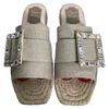 Roger Vivier Strass Espadrille Platform Slides In Beige Linen Canvas In Beige