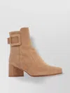 Roger Vivier Suede Buckle Block Heel Ankle Bootie In Neutral