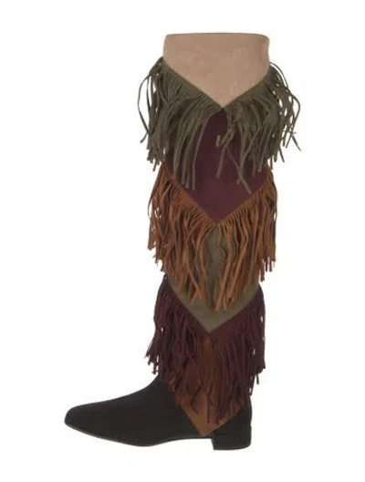 Pre-owned Roger Vivier Suede Colorblock Pattern Lace-up Boots In Brown