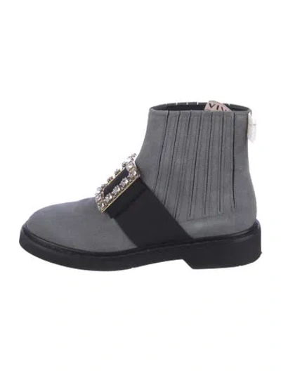 Pre-owned Roger Vivier Suede Crystal Embellishments Combat Boots In Gray