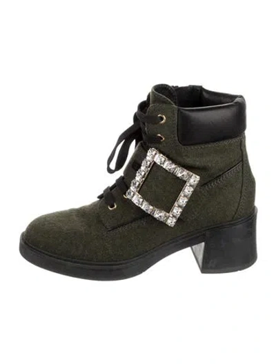Pre-owned Roger Vivier Suede Crystal Embellishments Moto Boots In Green