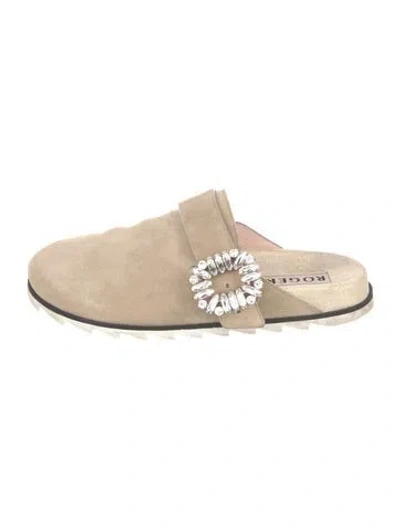 Pre-owned Roger Vivier Suede Crystal Embellishments Slides In Neutral