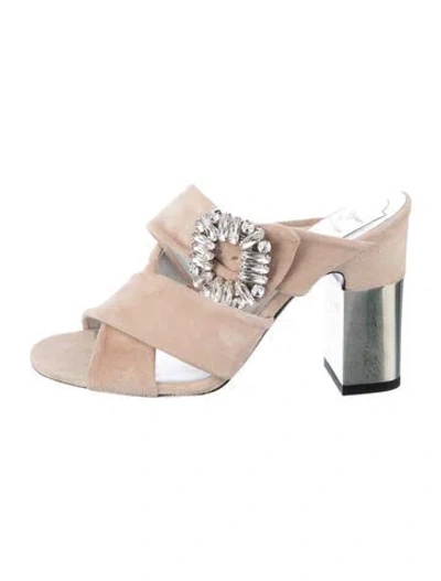 Pre-owned Roger Vivier Suede Crystal Embellishments Slides In Neutral
