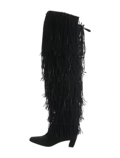 Pre-owned Roger Vivier Suede Fringe Trim Accent Boots In Black