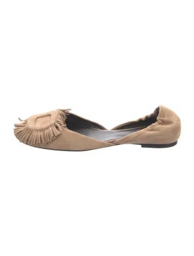 Pre-owned Roger Vivier Suede Fringe Trim Accent D'orsay Flats In Neutral