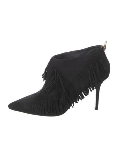 Pre-owned Roger Vivier Suede Fringe Trim Accent Lace-up Boots In Black