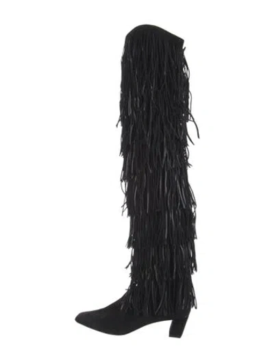 Pre-owned Roger Vivier Suede Fringe Trim Accent Lace-up Boots In Black