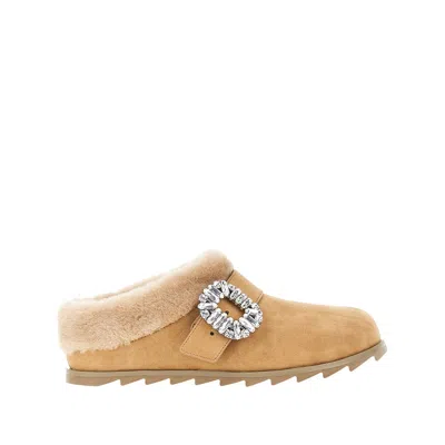 Roger Vivier Tobacco Suede Belle Vivier Buckle Mules In Neutral