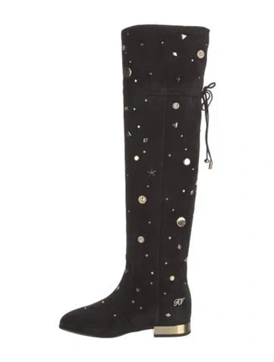 Pre-owned Roger Vivier Suede Studded Accents Lace-up Boots In Black