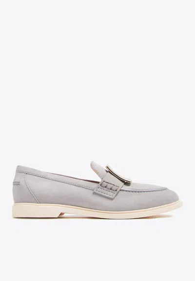 Roger Vivier Summer Square-buckle Suede Loafers In Gray