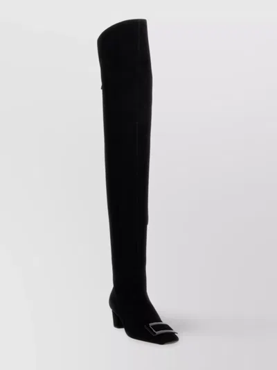 Roger Vivier Tall Buckle Block Heel Square Toe Boots In Black
