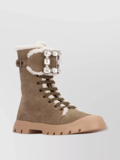 Roger Vivier Tall Shearling Buckle Boots In Brown