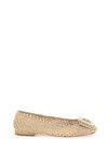 ROGER VIVIER TAN TRES VIVIER BALLERINAS WITH CRYSTAL BUCKLE AND FABRIC RIBBON